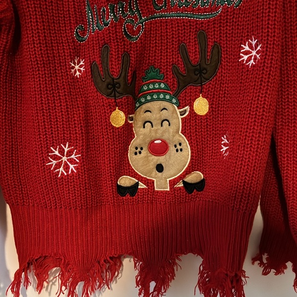 Leani Red Christmas Holiday Party Sweater Size Medium Fringed Edge - Picture 3 of 5